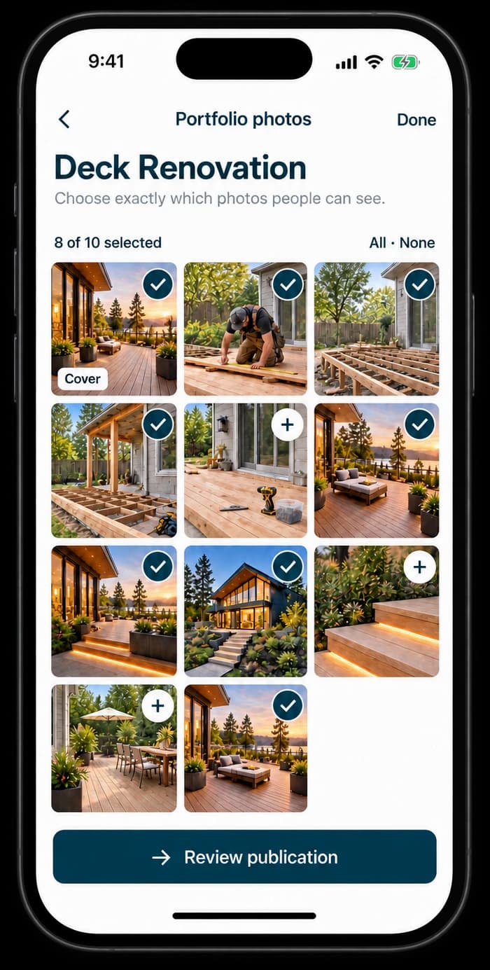 PixoVault on iPhone: choosing which deck renovation photos go in the portfolio