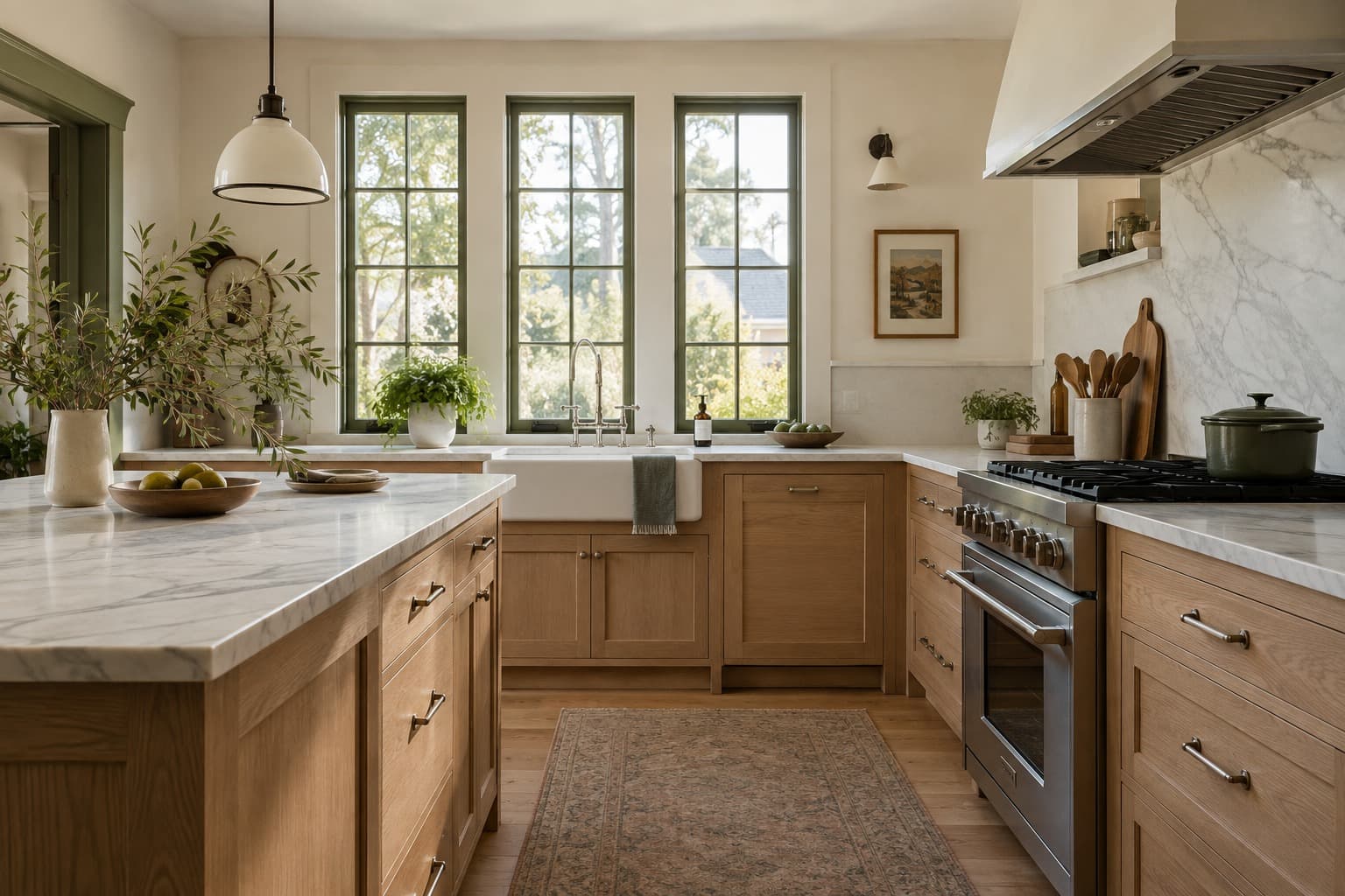 Finished kitchen renovation with wood cabinets and marble counters
