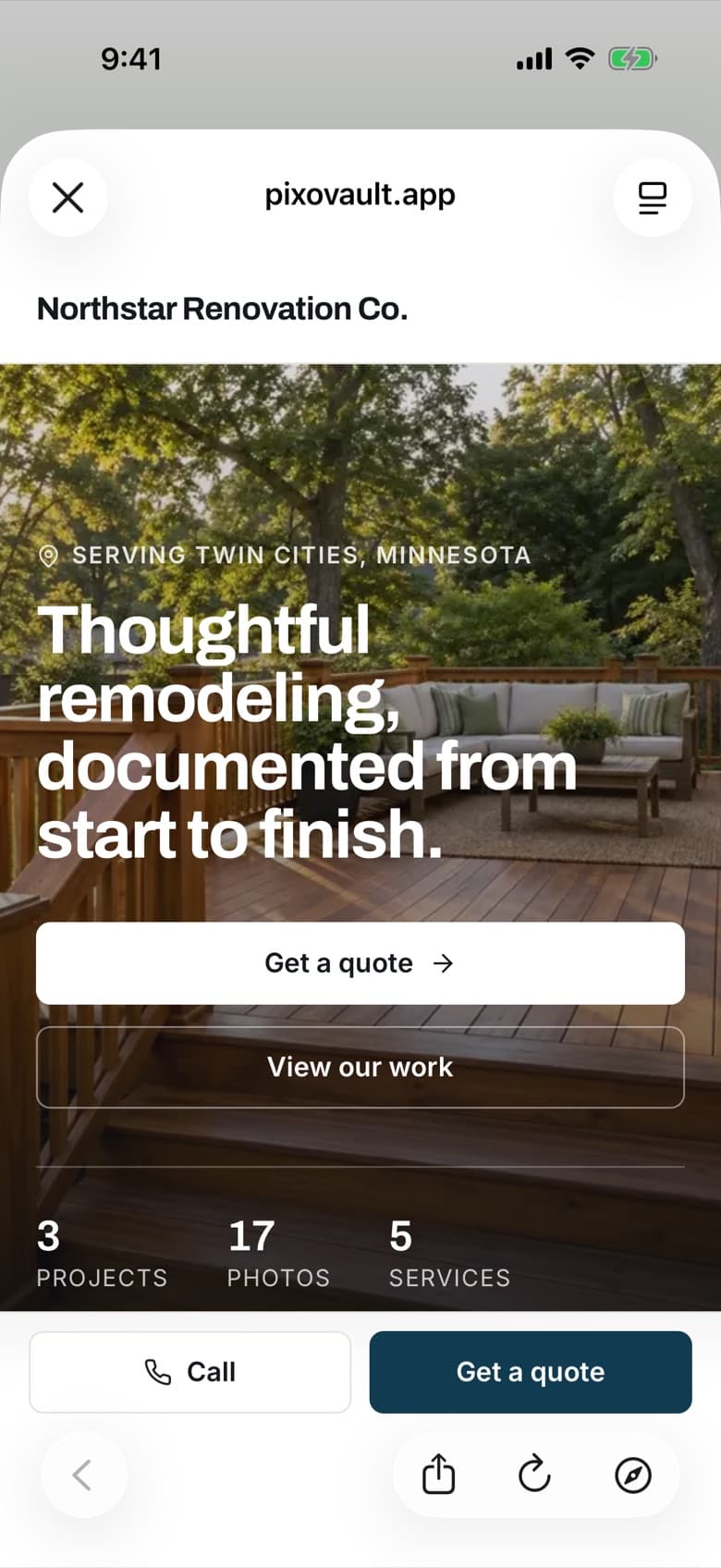 A contractor’s public PixoVault portfolio page