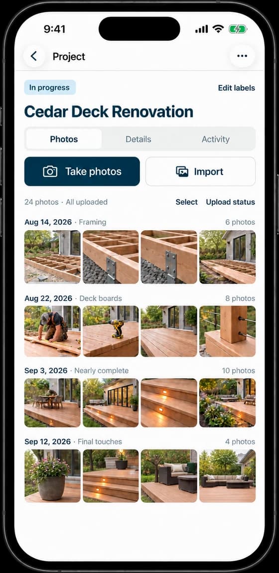 The deck project’s photos, grouped by date from framing to final touches